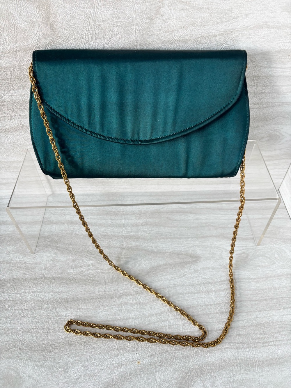 Vintage Teal Satin Evening Clutch Purse Gold Chain Strap Formal Shoulder Bag - Picture 2 of 7